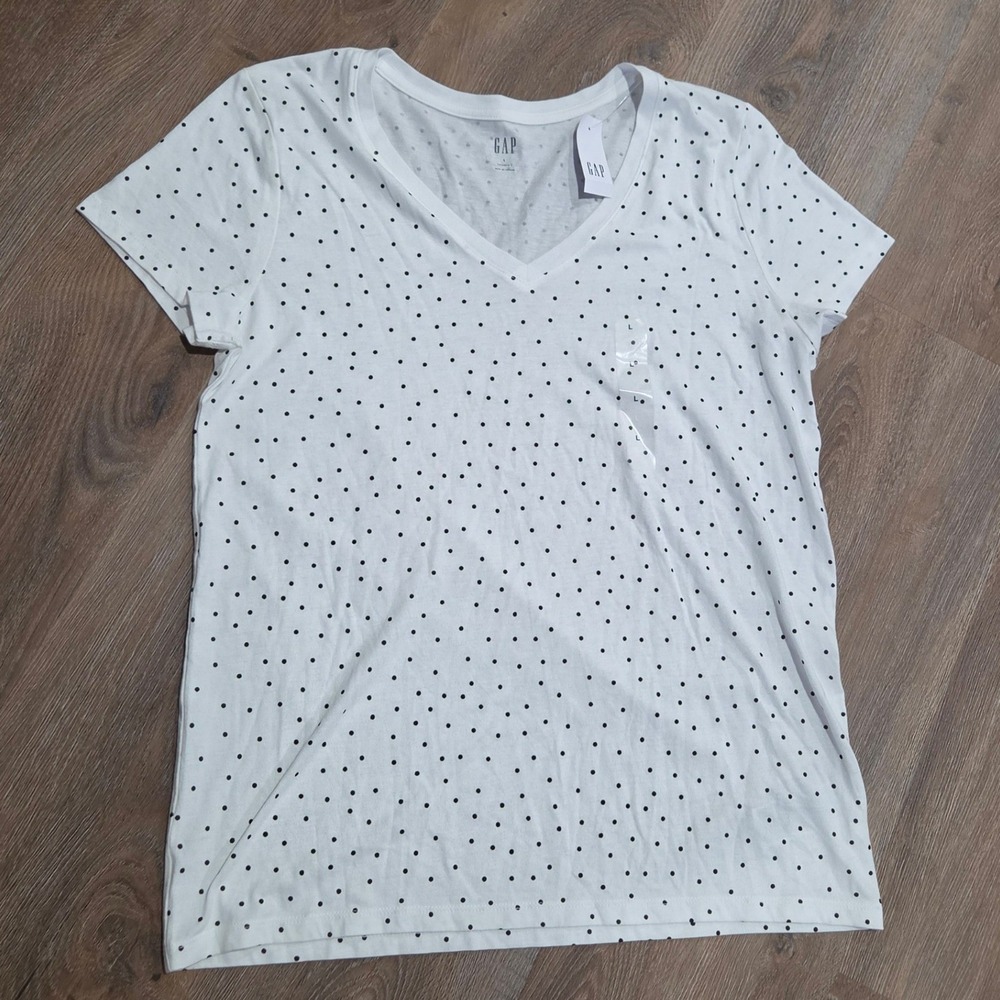 GAP Favorite T Womens Large White Black Polka Dot V-Neck T-Shirt NEW